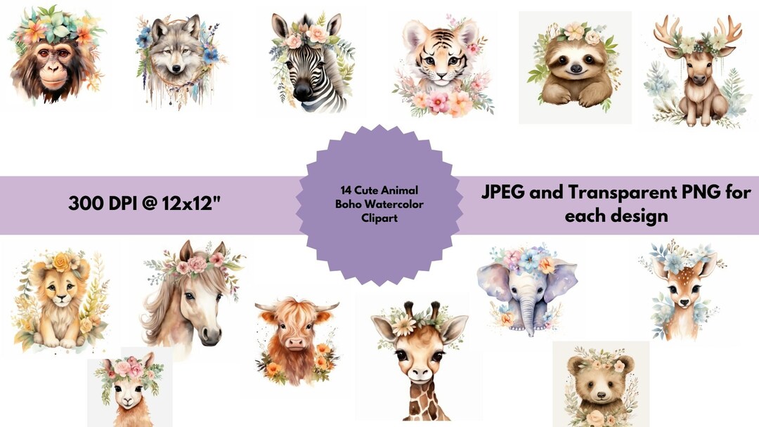 14-pack Boho Watercolor Baby Animal Clipart - Perfect for Nurseries and ...