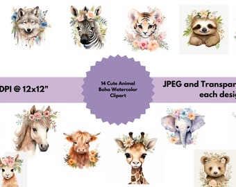14-Pack Boho Watercolor Baby Animal Clipart - Perfect for Nurseries and Print on Demand!