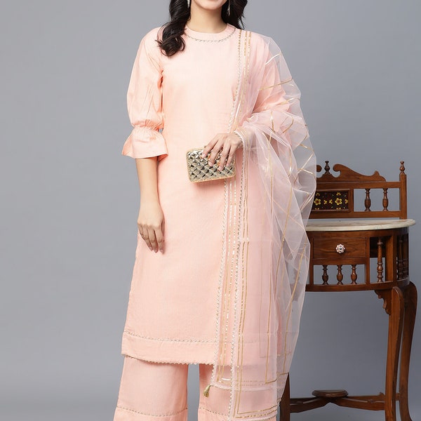 Arresting Peach Color Beautiful Women's Wear Designer Salwar Kameez Suit Lace work Straight Plazzo Pant Dupatta Dress