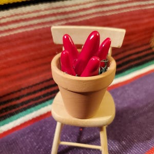 May include: A small terracotta pot with a cluster of bright red chili peppers, sitting on a wooden stool with a colorful striped background.