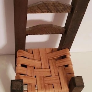Vintage 1980s Mini Weave Caned Seat Ladder Back Rustic Doll Chair 8.25&quot;H