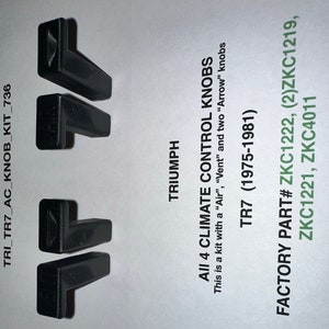 Könnte beinhalten: Schwarze Klimabedienungsknöpfe für Triumph TR7 Modelle von 1975-1981. Das Set enthält "Air", "Vent" und "Arrow" Knöpfe. Das Bild zeigt auch die Teilenummern ZKC1222, ZKC1219, ZKC1221 und ZKC4011.