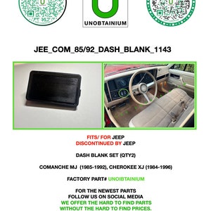 Puede incluir: Un juego de tapas de salpicadero de plástico negro para un Jeep Comanche MJ o Cherokee XJ. El juego está etiquetado como "Pieza de fábrica # Unobtainium" e incluye la dirección del sitio web "www.theunobtainium.net".