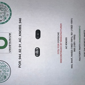 Puede incluir: Dos botones de plástico negro con un símbolo de triángulo. El texto en la página dice "Fits/For Porsche", "Discontinued by Manufacturer", "AC Knobs", "944, 944T, 944S2 (1982-1991), 951 (1982-1991)", "968 (1991-1995)", "Factory Part# 9446532050001C", "For the Newest Parts", "Follow us on Social Media", "We offer the hard to find parts", "Without the hard to find prices.", "Reproductions with production quality".