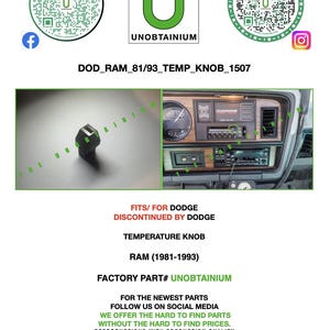 Puede incluir: Imagen de un mando de temperatura negro para camiones Dodge RAM de 1981-1993. La imagen incluye el texto "UNOBTAINIUM" y "DOD_RAM_81/93_TEMP_KNOB_1507". El producto es una pieza de fábrica, descontinuada por Dodge.