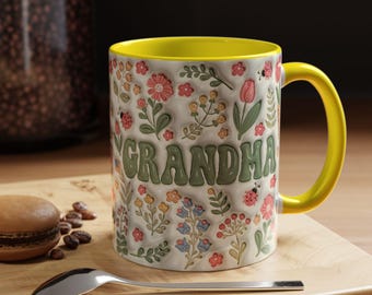 Grandma Coffee Mug, Gift for Grandparents Day, Grandma's Birthday, Family Gatherings, Floral Grandma cup, Coffee Mug for Grandma, Faux 3D