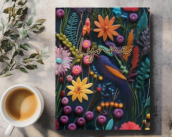 Personalized Floral Hardcover Journal, Faux Embroidered Notebook, Custom Name Gift