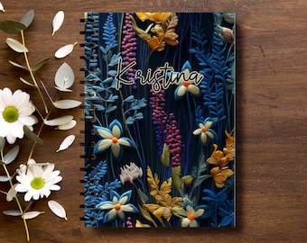 Personalized Floral Journal, Faux Embroidered Notebook, Custom Name Gift