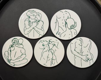 Gay Male Line Art Coasters, Pride Gift, Ceramic Set