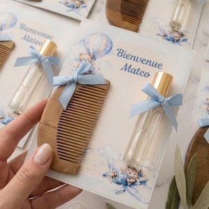 Personalized Baby/Baptism Gift Set for Boys - Small Wooden Comb & Filled Perfume Bottle - Teddy Bear Airplane Theme -