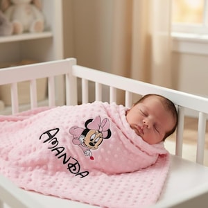 Manta de bebé Minky y pinza para chupete personalizada de Minnie: regalo bordado para recién nacido