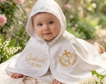 Bellissimo mantello personalizzato per battesimo con cappuccio, ricamo dorato (nome Gabriel, data 22.09.2029), abito da cerimonia di lusso