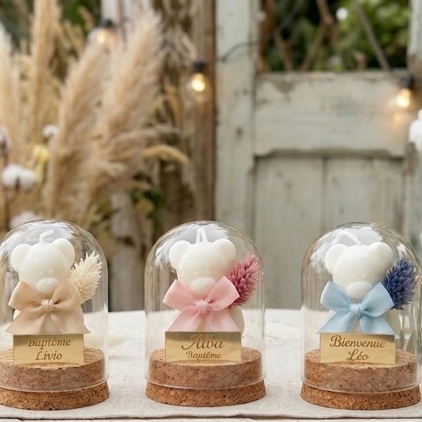 Personalized Christening or Birth Gift - Bear Scented Candle in Glass Dome with Pampas Grass and Cork Base - Engraved Name