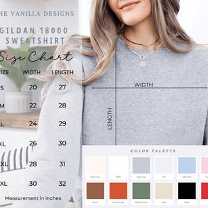 K&ouml;nnte beinhalten: Ein hellgraues Gildan 18000 Sweatshirt mit einer Gr&ouml;&szlig;entabelle, die Ma&szlig;e in Zoll anzeigt. Die Gr&ouml;&szlig;entabelle umfasst die Gr&ouml;&szlig;en S bis 3XL mit entsprechenden Breiten- und L&auml;ngenma&szlig;en. Eine Farbpalette zeigt verschiedene Farben, darunter Soft Cream, Wei&szlig; und Schwarz.
