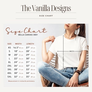 Pode incluir: Tabela de tamanhos para camisetas Bella Canvas 3001, mostrando as medidas em polegadas e cent&iacute;metros para os tamanhos XS a 5XL. A tabela inclui as medidas de largura e comprimento.