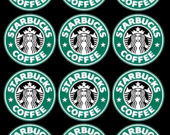 May include: Twelve green and white Starbucks coffee cup stickers with the Starbucks logo and the words "Starbucks Coffee" printed on them.