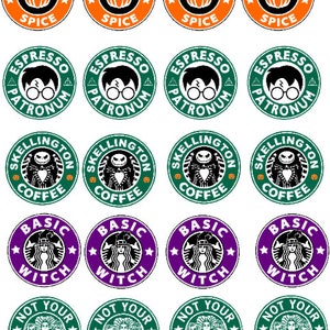 Puede incluir: Veinticuatro pegatinas redondas con varios diseños de temática de Halloween. Las pegatinas presentan un logotipo de Starbucks verde y blanco con diferentes textos e imágenes. El texto incluye "Pumpkin Spice", "Espresso Patronum", "Basic Witch", "Not Your Basic Witch", "Skellington Coffee".