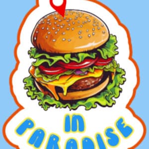 pegatina de hamburguesa con queso jimmy buffet en el paraíso