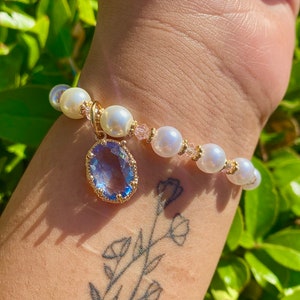 Pearl Beaded Bracelet, Gold, Blue Gemstone, Pink