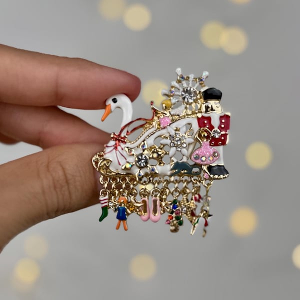 Nutcracker Ballet Christmas Pin, Festive Holiday Brooch with Charms, Holiday Jewelry Gift, Nutcracker Suite Clara Gift