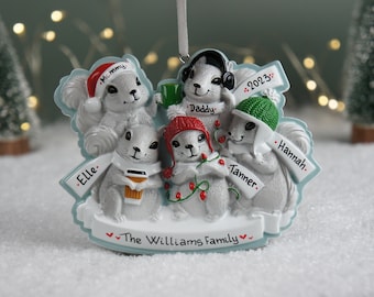 Grey Squirrel (Family Of 5) Personalized Christmas Ornament, Family Christmas Ornament, Family of 5 Ornament, Personalized Family Ornament