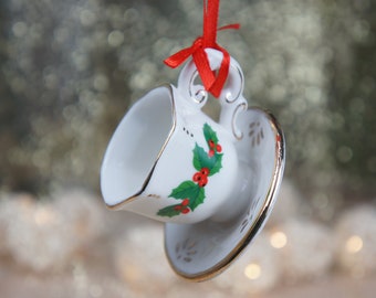 Porcelain Tea Cup Ornament, Personalized Tea Cup Christmas Ornament, Vintage Tea Cup, Tea Party Christmas Gift, Teacup Christmas Keepsake