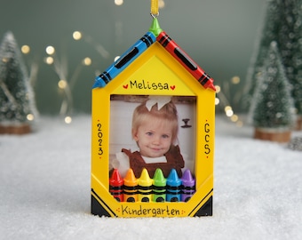 Crayon Photo Frame Personalized Christmas Ornament, Kindergarten Christmas Ornament, Personalized School Ornament, School Photo Frame Gift