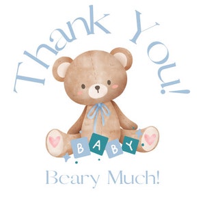 Digital Download - Baby Shower - Thank You Sticker - Baby Shower Favor Label - Beary Much - Blue Bear - Baby Blocks -Circle Sticker - Label