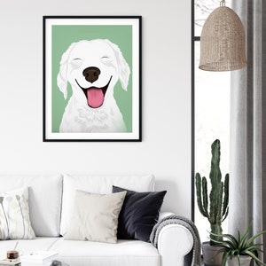 May include: A digital illustration of a white dog with its eyes closed and tongue sticking out, smiling against a light green background.