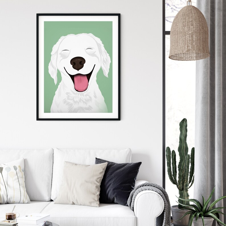 May include: A digital illustration of a white dog with its eyes closed and tongue sticking out, smiling against a light green background.