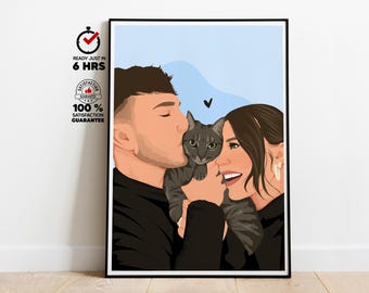 Custom Couple Portrait With Cat Digital Illustration From Photo