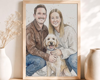 Custom Watercolor Family Portrait with Dog from Photo, Pet Owner Personalized Gift