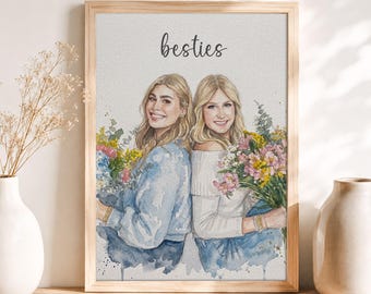 Custom Watercolor Best Friend Portrait with Text, Personalized Floral Besties Gift