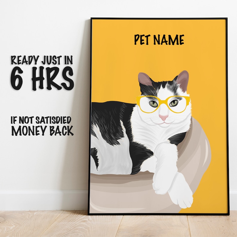 May include: A digital illustration of a black and white cat wearing yellow glasses. The cat is lying down in a beige bed on a yellow background. The text "PET NAME" is at the top of the image.