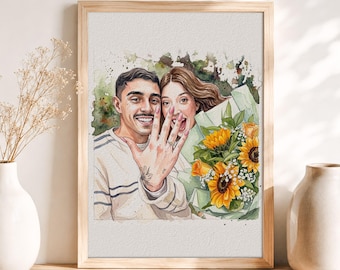 Custom Watercolor Engagement Portrait with Flowers, Sunflower Proposal Gift