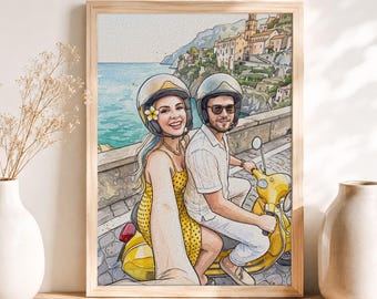 Custom Vector Couple Portrait from Photo, Italy Vacation Illustration Gift