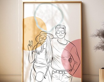 Custom Line Art Couple Portrait from Photo, Fun Summer Boyfriend Girlfriend Gift