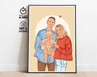 Custom Family Portrait Illustration Minimalist Digital Art Couple Baby Portrait Gift