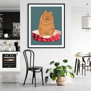 May include: A digital illustration of a brown Pomeranian dog sitting in a red dog bed with white bone designs on a teal background.