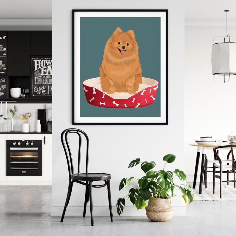 May include: A digital illustration of a brown Pomeranian dog sitting in a red dog bed with white bone designs on a teal background.