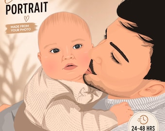 Custom Father Portrait From Photo Minimalist Dad Baby Digital Illustration
