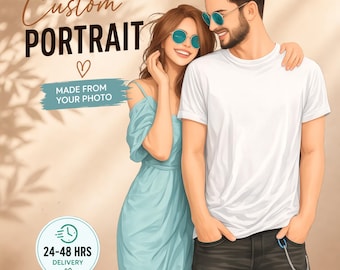 May include: Digital illustration of a couple, with the text "Custom PORTRAIT" and "MADE FROM YOUR PHOTO". The woman wears a light blue dress and sunglasses, and the man wears a white t-shirt and sunglasses. A clock icon with the text "24-48 HRS DELIVERY" is also present.