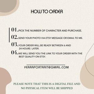 May include: How to order a custom portrait illustration.  Pick the number of characters, send a photo via Etsy message or email, and your order will be ready in 6 to 24 hours.  FERRAPORTRAIT@GMAIL.COM.  Please note that this is a digital file and no physical item will be shipped.