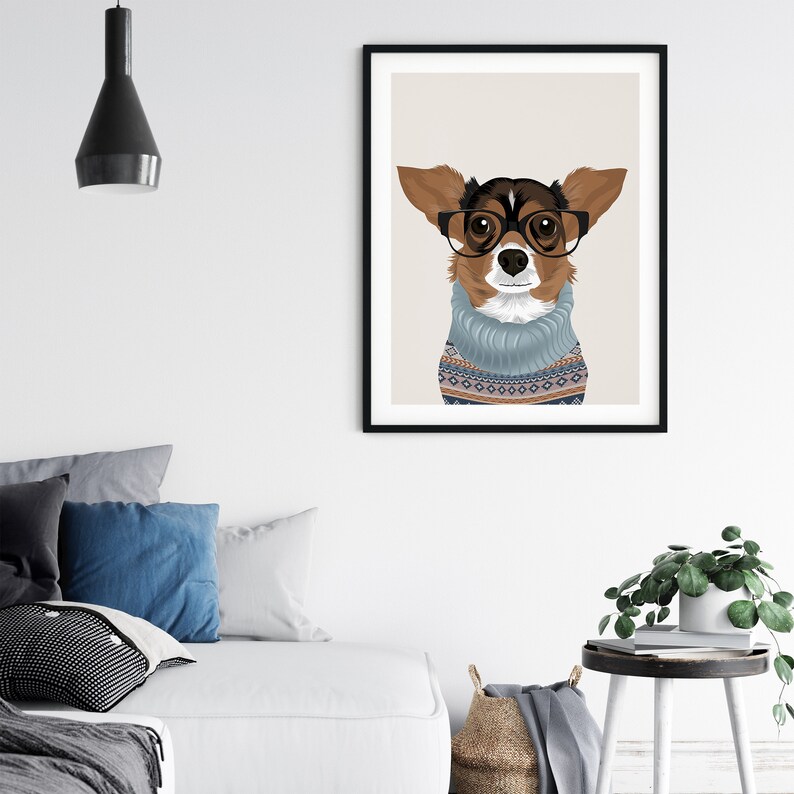 May include: A digital illustration of a brown and white chihuahua wearing black framed glasses and a blue and brown patterned sweater. The background is a light beige color.