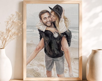 Custom Watercolor Travel Couple Portrait from Photo, Vacation Memory Gift