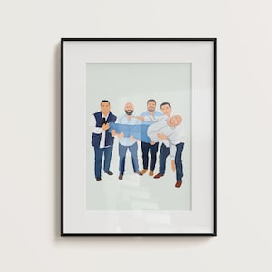 May include: A group of six men, some wearing blue jeans and shirts, are smiling and holding up another man in the air. The man being held up is wearing a blue shirt and jeans and is laughing.