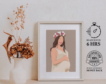 Dibujo de línea personalizada del embarazo, descarga de impresión digital, retrato de maternidad, arte de la pared de la madre, regalo de embarazo