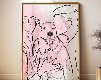 Custom Line Art Couple Portrait with Dog from Photo, Pet Lover Gift