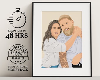 May include: A digital illustration of a couple in a framed portrait. The couple is embracing, with the woman on the left and the man on the right. The woman has long brown hair and is wearing a white shirt and blue jeans. The man has short blonde hair and a beard, and is wearing a white shirt. The background is a light beige color.