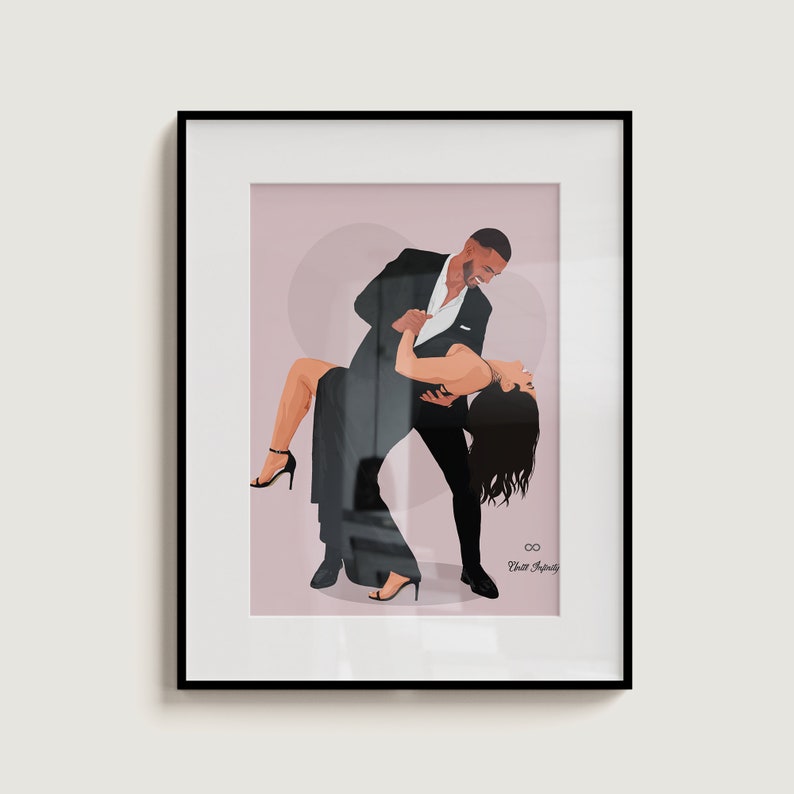 May include: A digital illustration of a couple dancing. The man is wearing a black suit and the woman is wearing a black dress. The background is a light pink color with a heart shape. The text "Our Infinity" is at the bottom of the image.